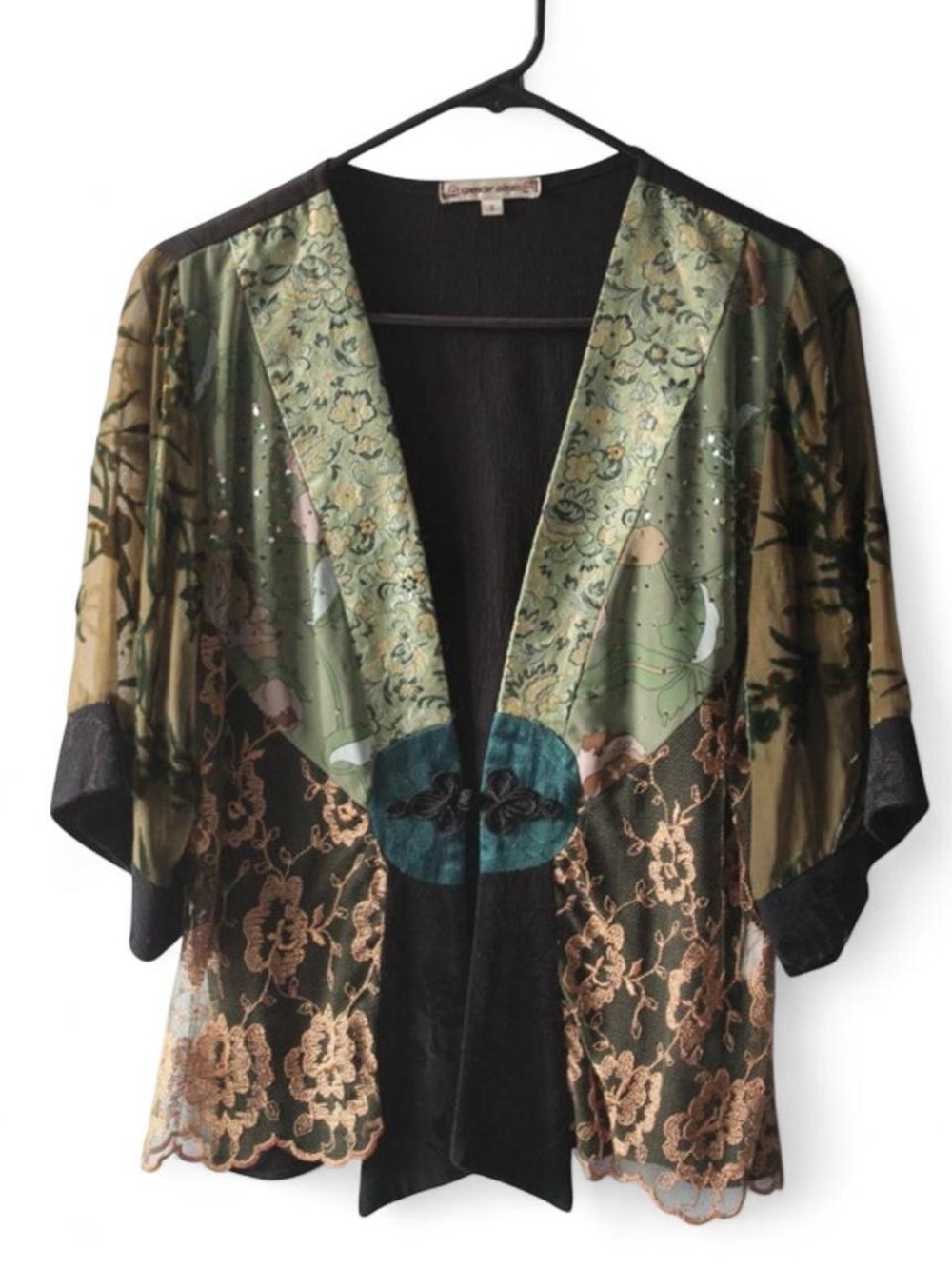 Beautiful Spencer Alexis green mixed fabric lux floral boho kimono jacket S